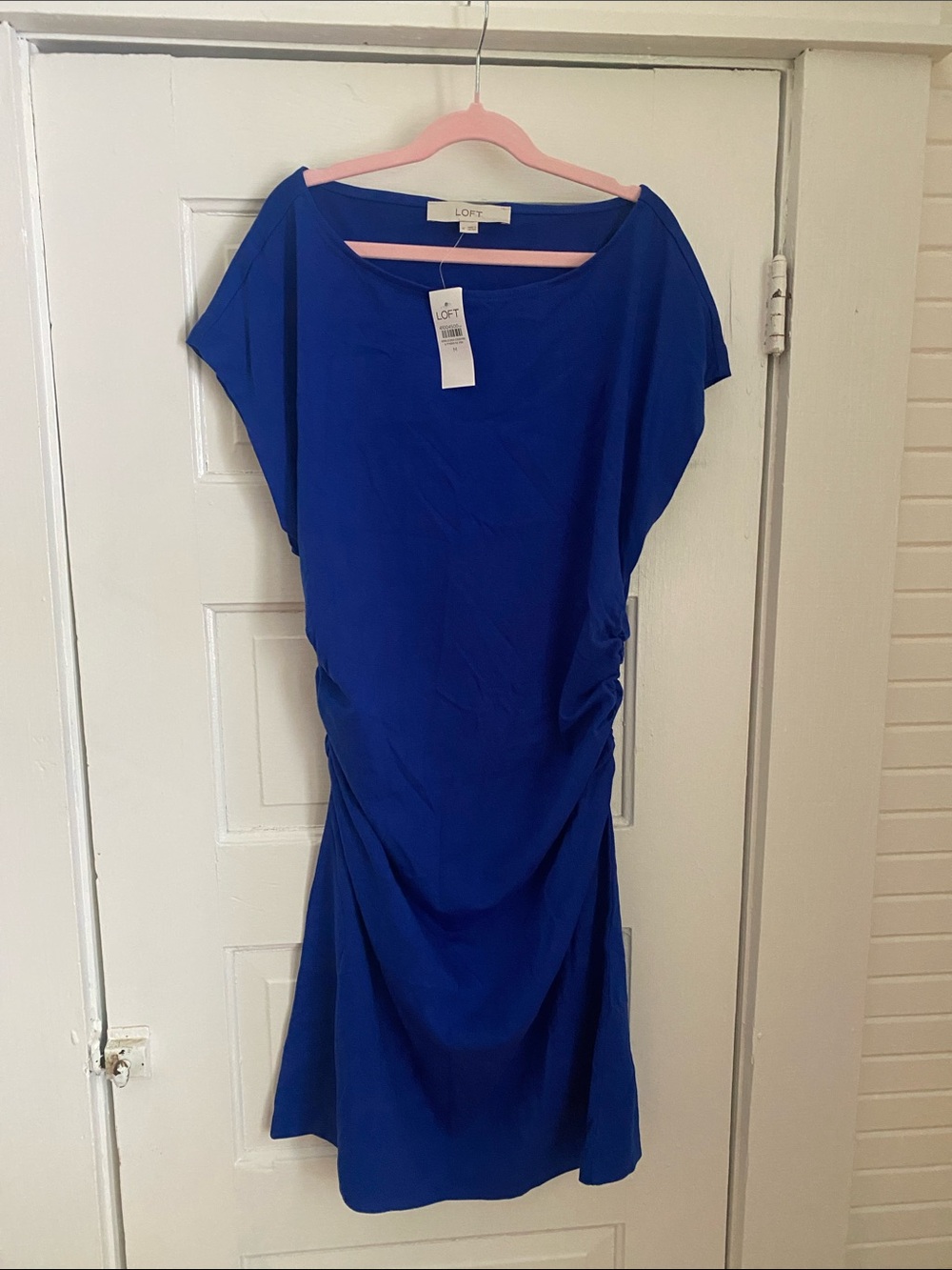 LOFT Cobalt Blue Ruched Side Midi Dress, new with tags
